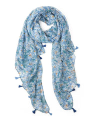 Blue, teal, and peach watercolour floral lightweight scarf with tassels