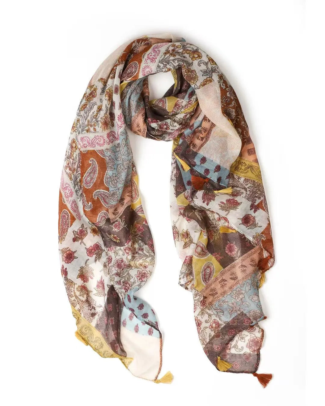 Brown, yellow, blue, and pink bohemian patchwork lightweight scarf with tassels