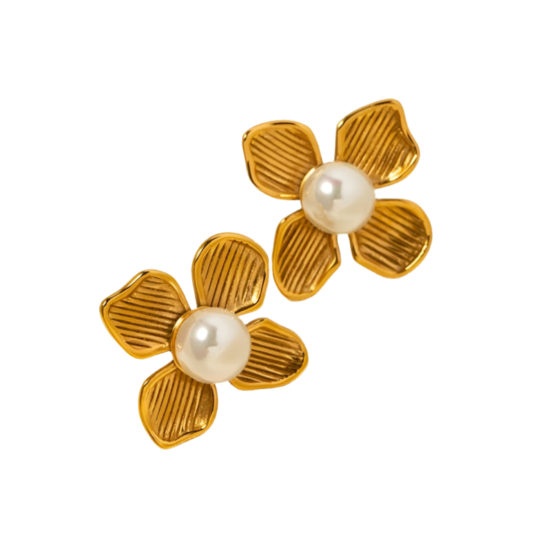 Rosa Flower Stud Earrings in Gold with Faux Pearl Centre