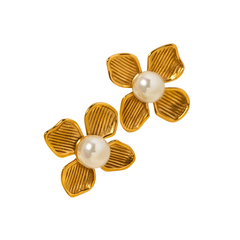 Rosa Flower Stud Earrings in Gold with Faux Pearl Centre