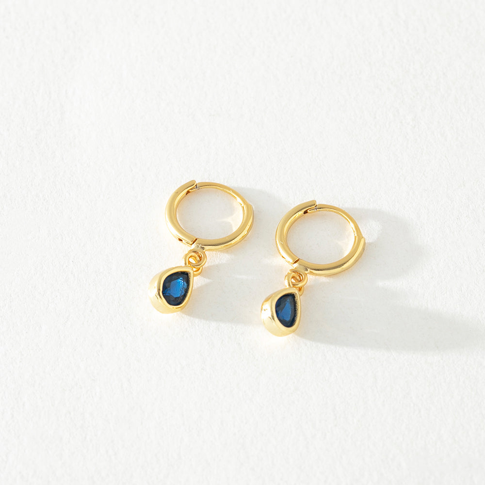 Sapphire Huggie Tear Drop Hoops - Gold & Silver