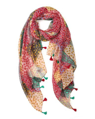 Red, pink, mustard, and green bohemian patchwork lightweight scarf with tassels