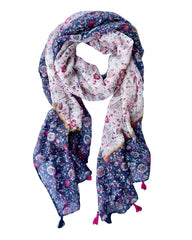 Lightweight scarf with a small pink, purple and yellow floral print on white, a navy border with white flowers, and pink and navy tassels