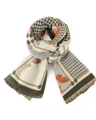 Patterned scarf with fringes on a white background