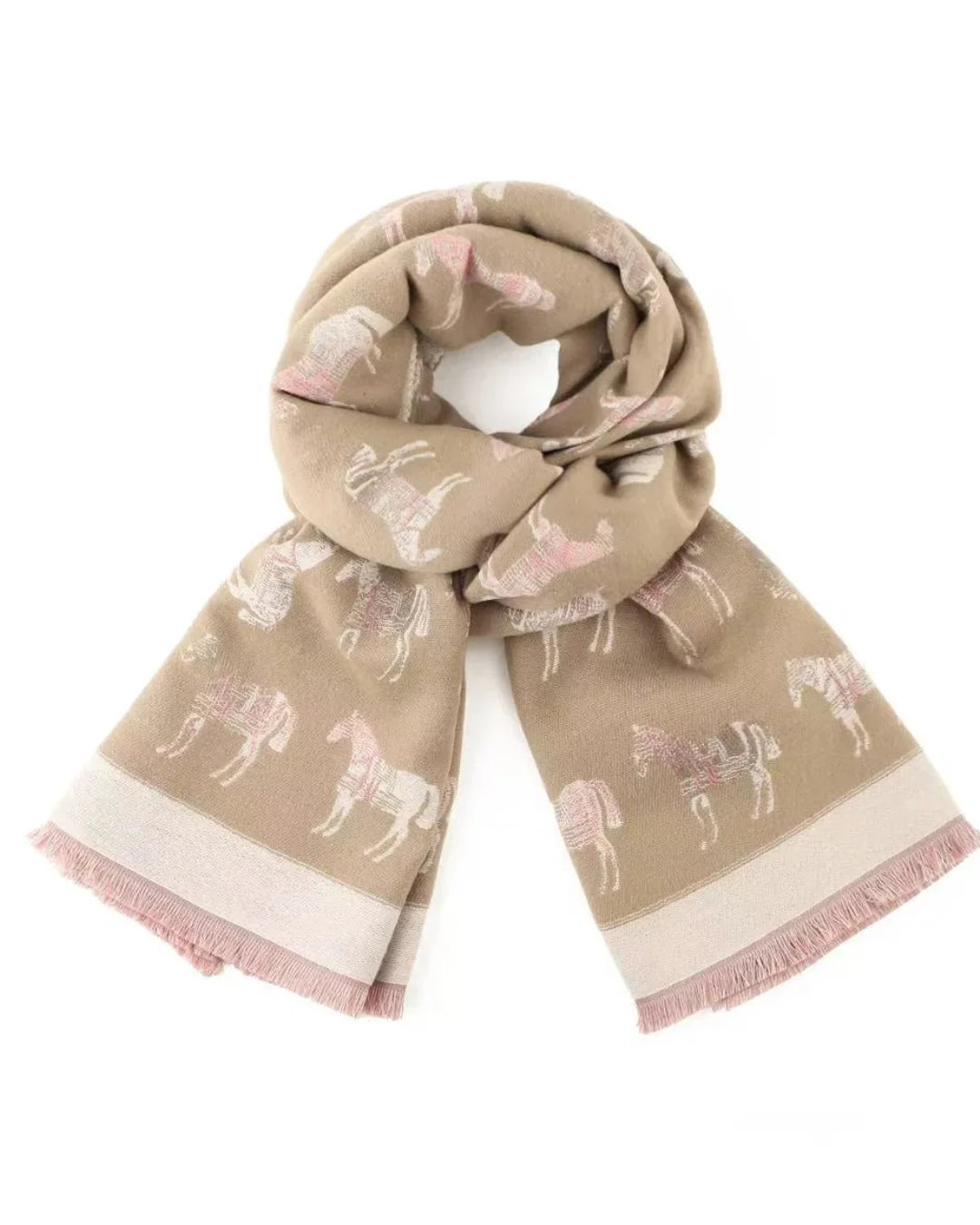 Beige scarf with horse pattern on a white background