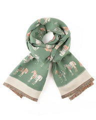Green scarf with horse pattern on a white background