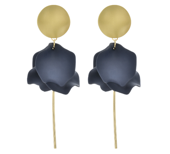 A pair of matte gold and navy flower petal dangle earrings with gold post.