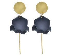 A pair of matte gold and navy flower petal dangle earrings with gold post.