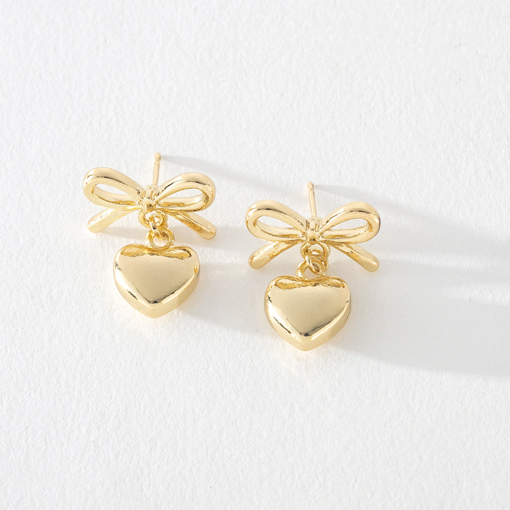 Juliet Bow Earrings with Heart Dangle in Gold