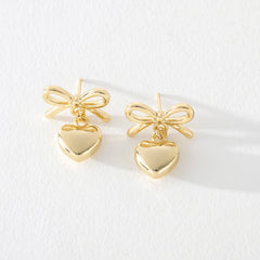 Juliet Bow Earrings with Heart Dangle in Gold