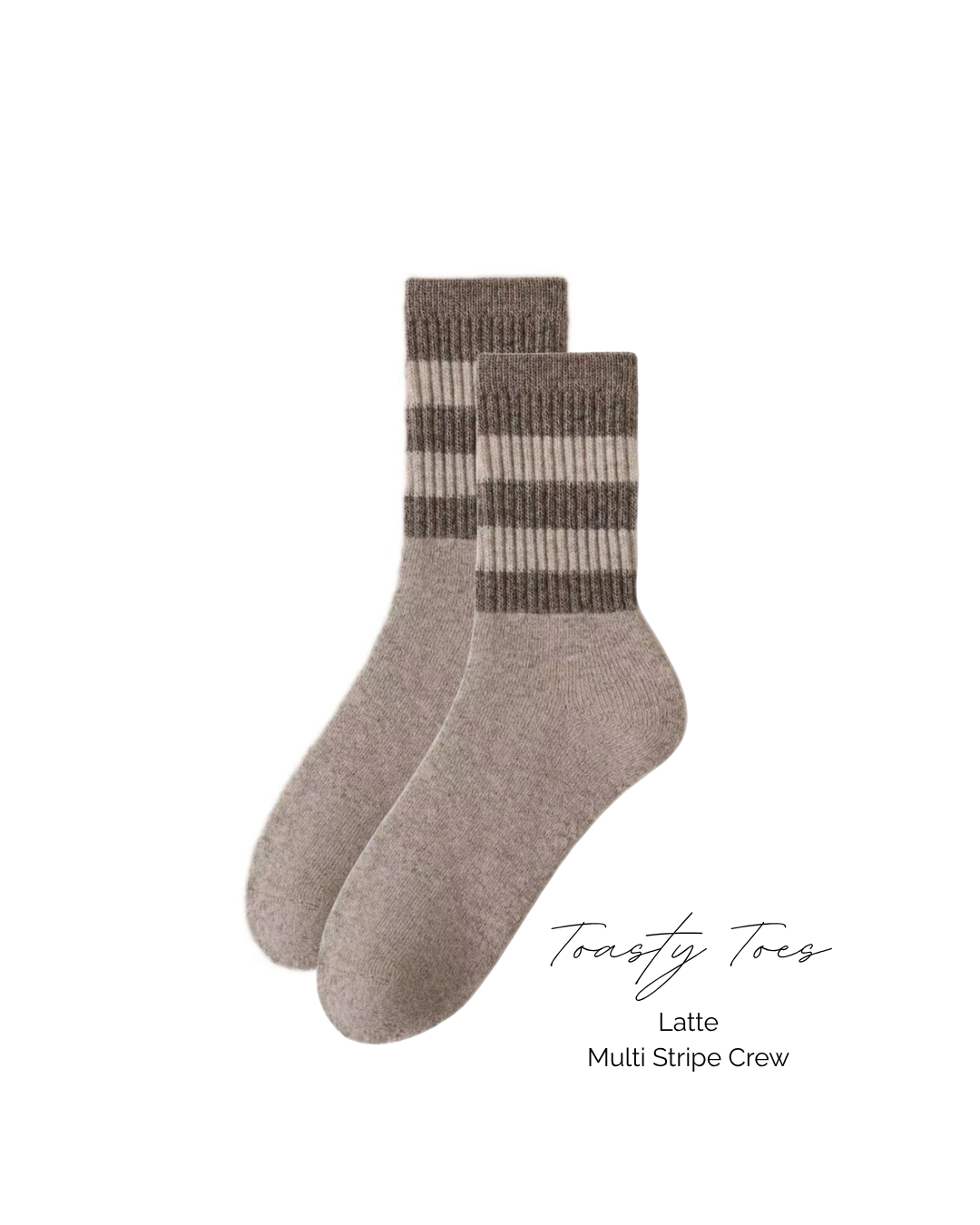 PRESALE ARRIVING 12 JUNE 
Latte Toasty Toes Woollen Multi Stripe Crew Socks