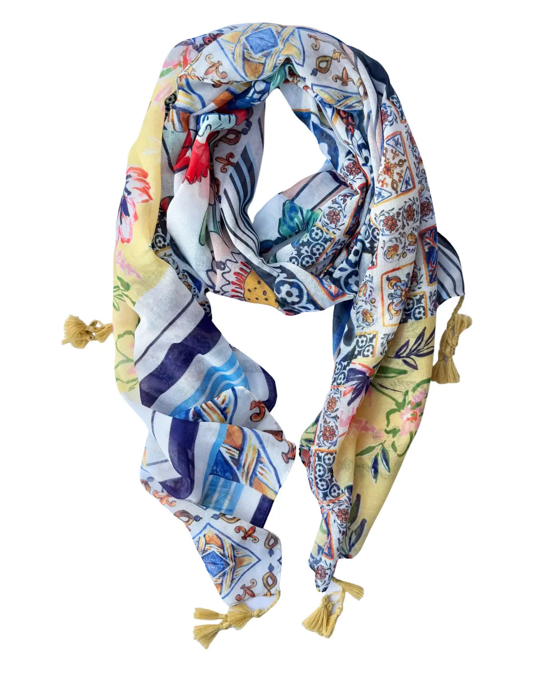 Lightweight scarf with a bright tropical floral and patterned print in yellow, blue, pink and green on white, finished with yellow tassels
