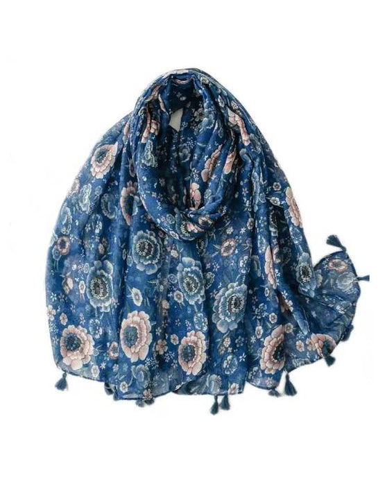 Zinnia Blue & Pink Floral Lightweight Scarf