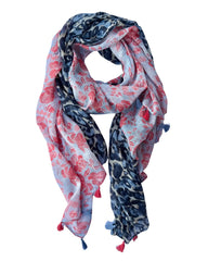 Lightweight scarf split into two prints, a navy and blue animal print on one half and a coral floral on soft blue on the other, with light blue and coral tassels