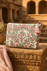 Wildflowers White Base Pouch – Cotton Travel & Makeup Bag