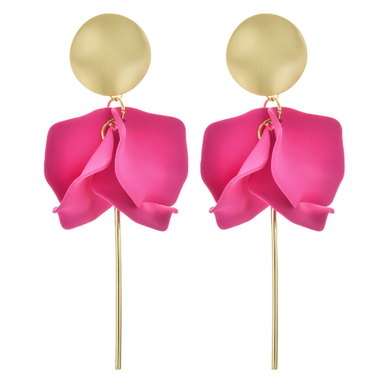 A pair of gold and hot pink flower petal dangle earrings with gold posts.