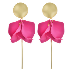 A pair of gold and hot pink flower petal dangle earrings with gold posts.
