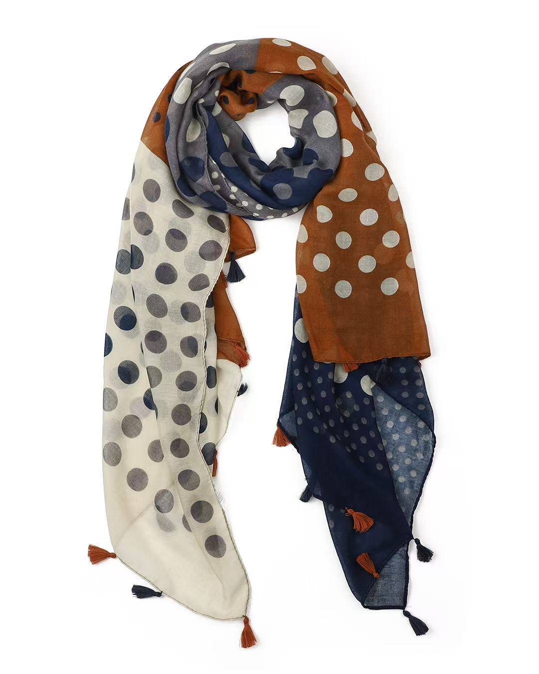 Cream, navy, rust, and grey colourblock polka dot lightweight scarf with tassels