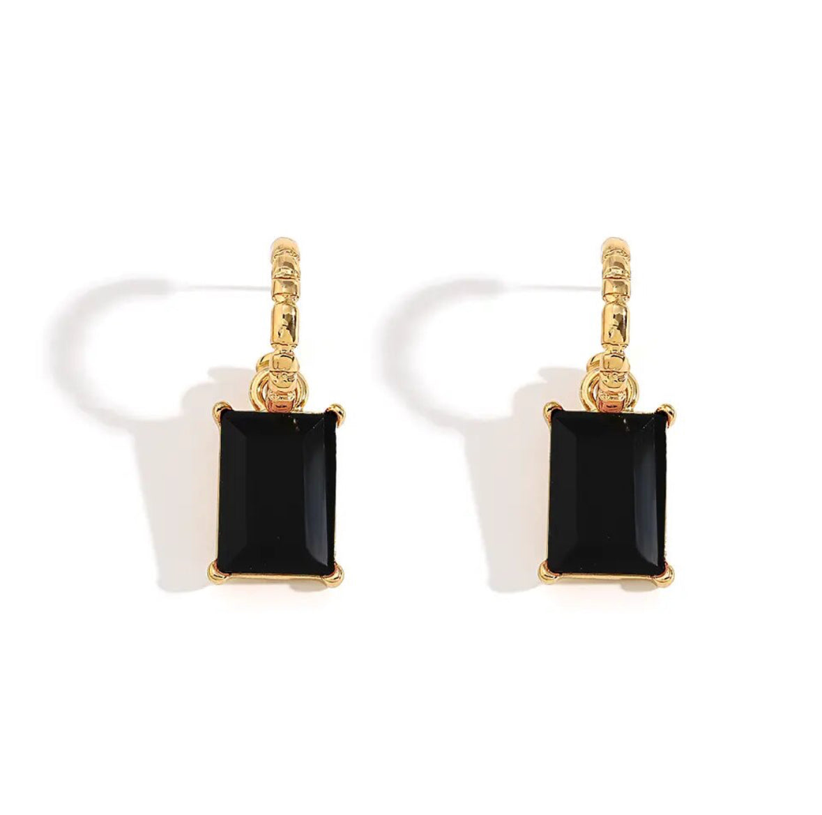 Sara Gold Hoop Earrings with Rectangular Black Crystal Dangle