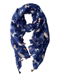 Lightweight navy scarf printed with small white, brown and tan dogs, finished with navy and tan tassels