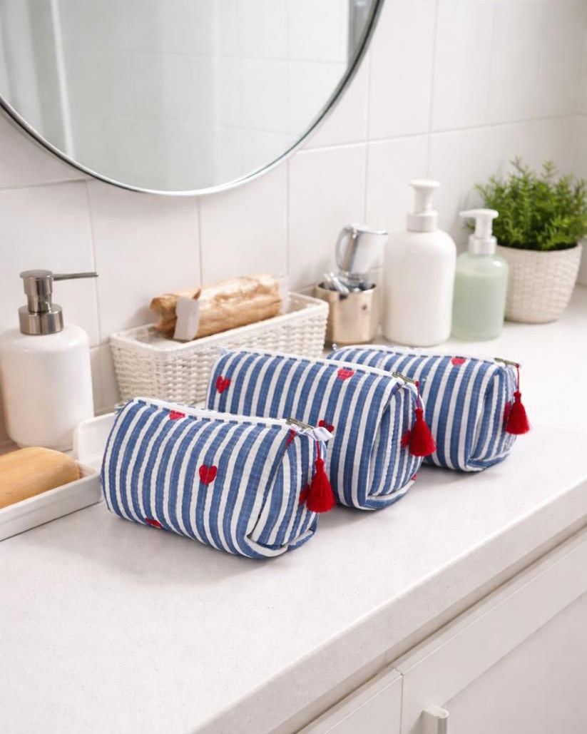 Heart Stripe Toiletry Bags – Cotton Travel Organiser