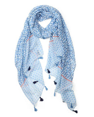 Blue ikat print and heart print lightweight scarf with red stripe and tassels