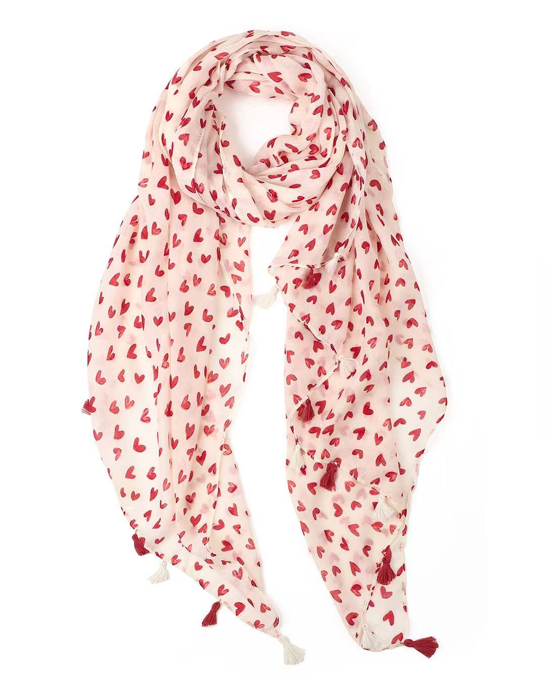 Red heart print lightweight scarf on off-white with tassels