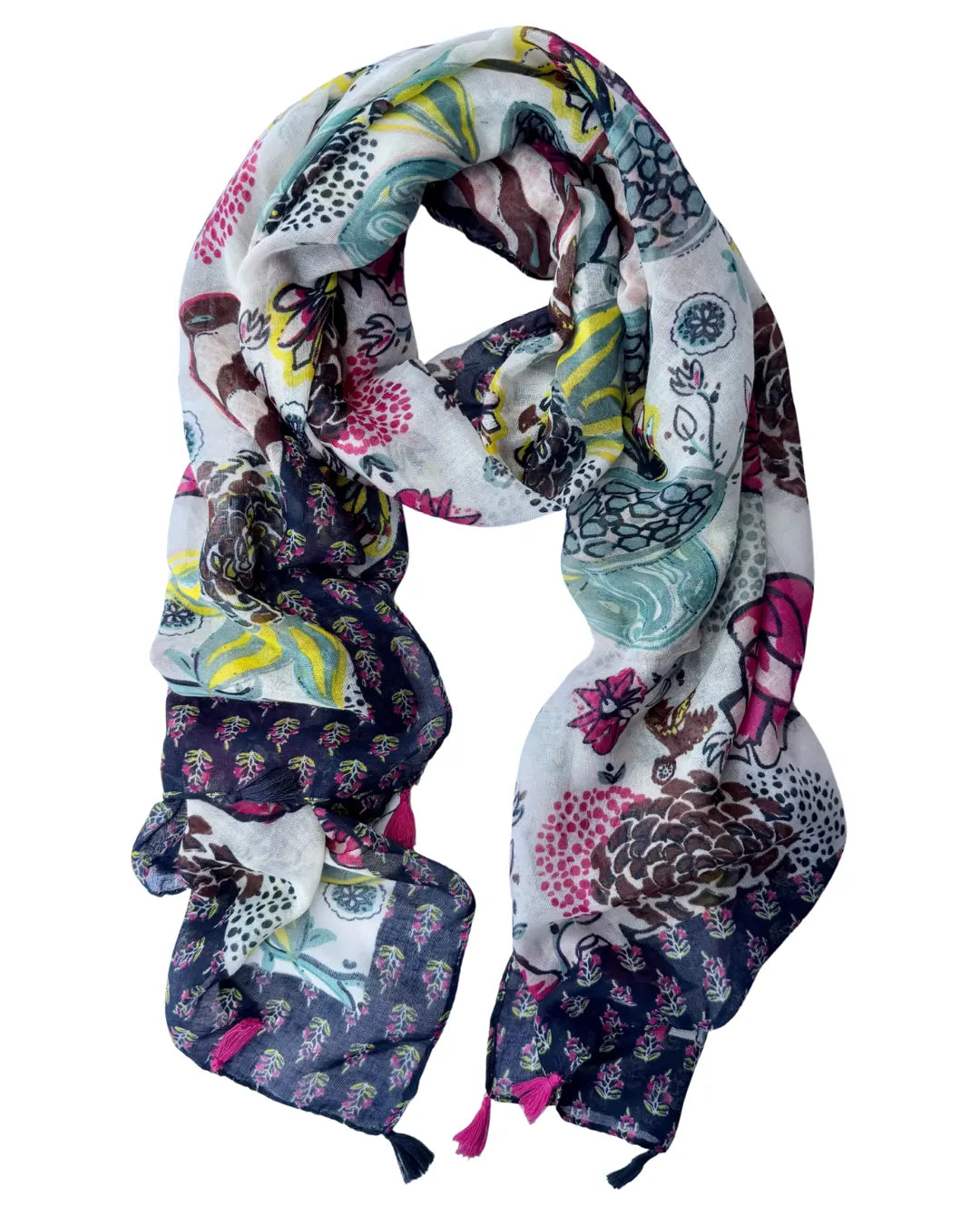 Lightweight scarf with an abstract floral print in bright pink, aqua, brown and yellow on white, framed by a navy floral border, with pink and navy tassels