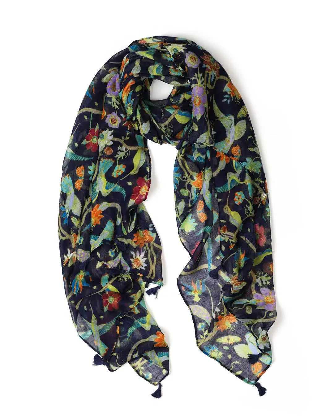 Blue, green, orange, red, and yellow botanical floral and bird print lightweight scarf with navy tassels