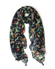 Blue, green, orange, red, and yellow botanical floral and bird print lightweight scarf with navy tassels
