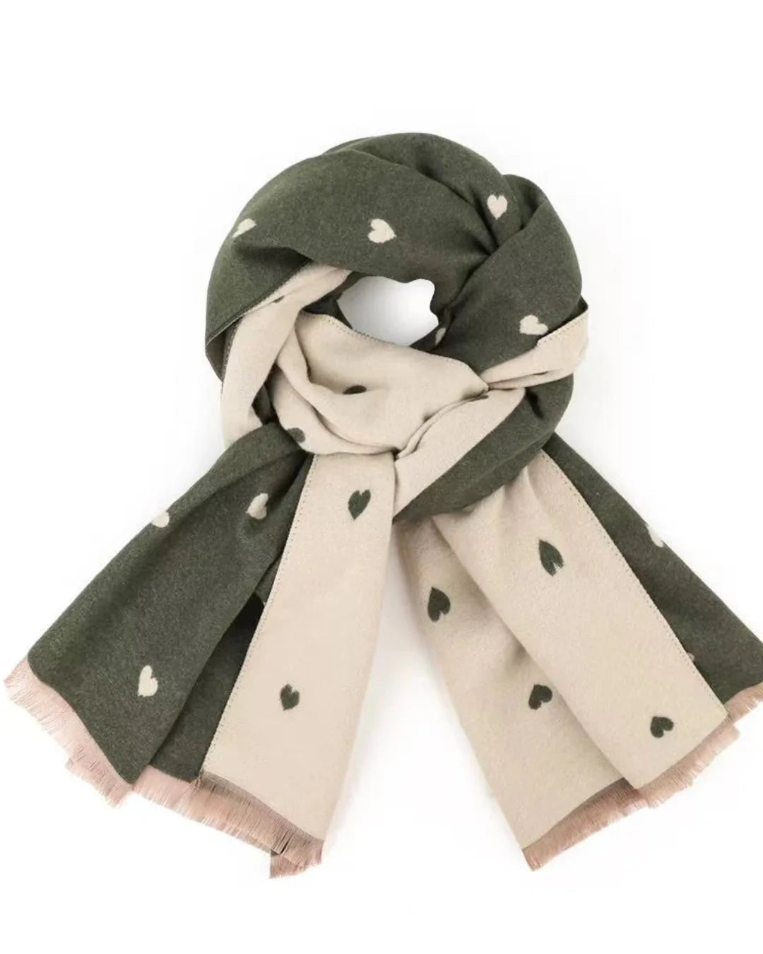 PRE SALE ARRIVING 12 JUNE Reversible Holly Heart Winter Scarf – Olive Heart Print