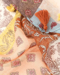 Brown, yellow, blue, and pink bohemian patchwork lightweight scarf with tassels