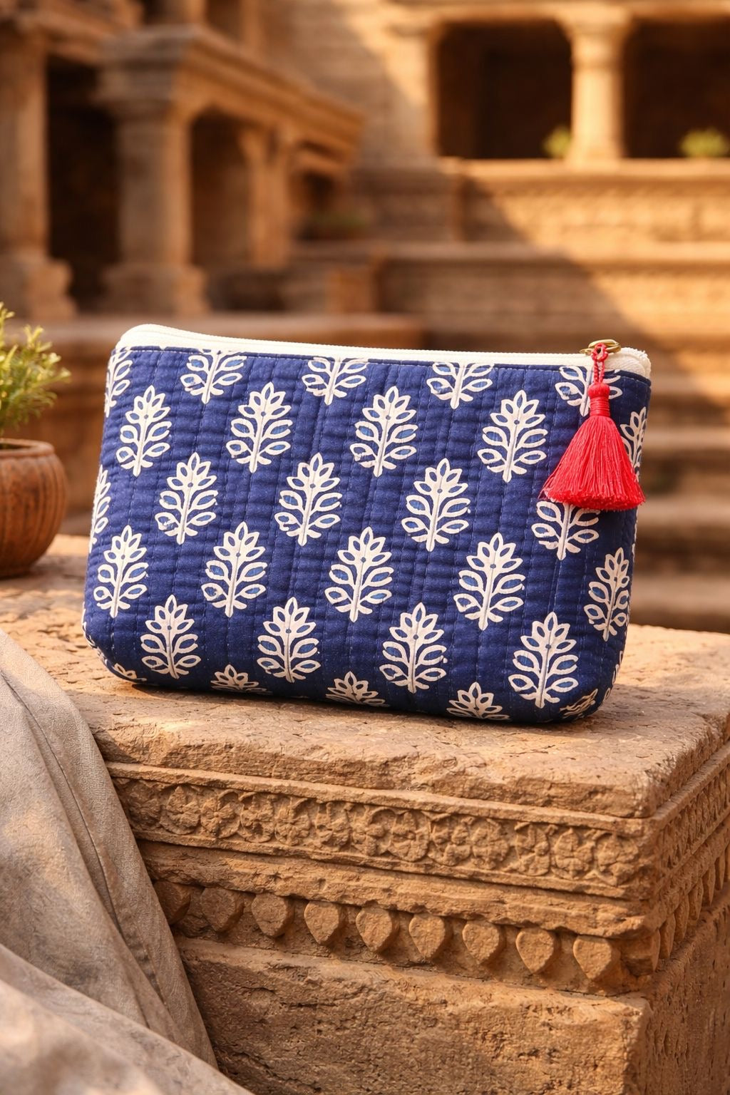 Navy Woodblock Stripe Pouch – Cotton Travel & Makeup Bag