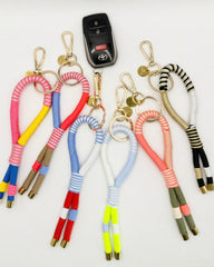 Colorful keychains with car keys on a white background