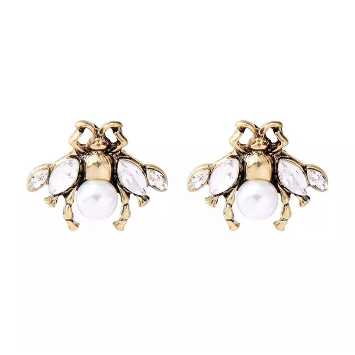 Bea Bee Shaped Stud Earring in Gold with Faux Pearls and Crystals
