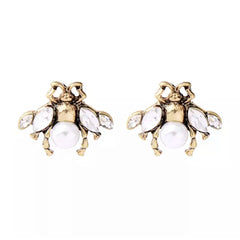 Bea Bee Shaped Stud Earring in Gold with Faux Pearls and Crystals