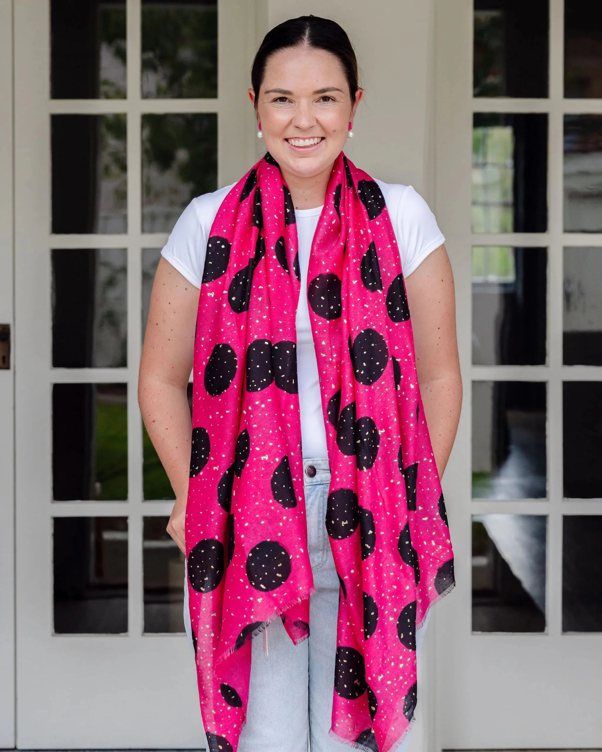 hot pink scarf, autumn scarf, winter scarf, bold scarf, bold spot scarf, gold accents
