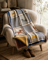 Patchwork blanket with animal designs draped over a cozy armchair in a home setting.