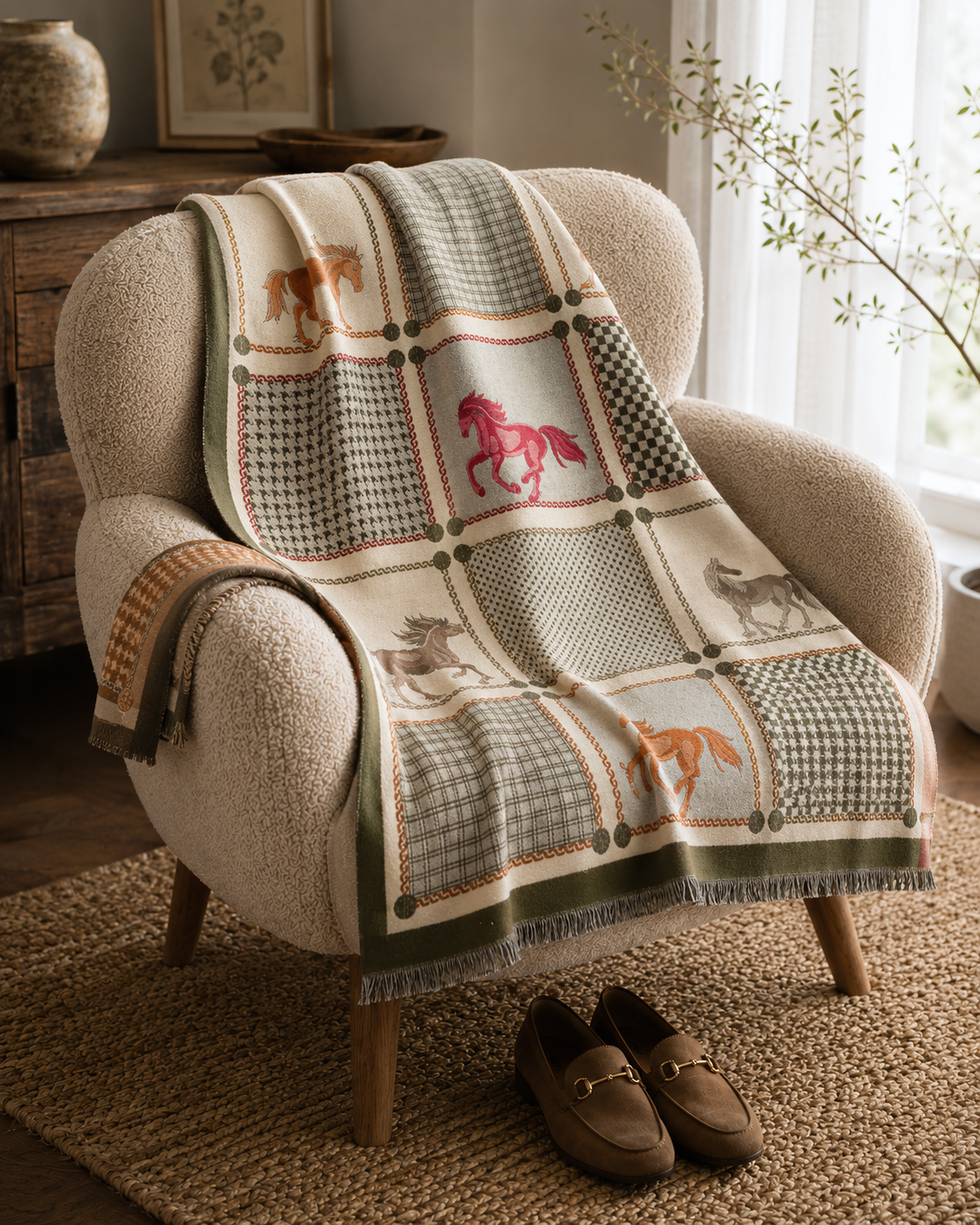 Decorative blanket with animal patterns draped over a chair in a cozy room.