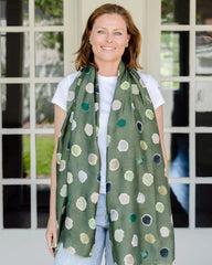 green scarf, autumn scarf, winter scarf, bold scarf, spot scarf, gold accents, watercolour scarf