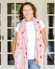 light pink scarf, autumn scarf, winter scarf, bold scarf, spot scarf, gold accents, watercolour scarf
