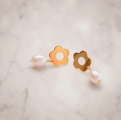 Charlotte Gold Flower Shaped Stud Earring with Faux Pearl Dangle