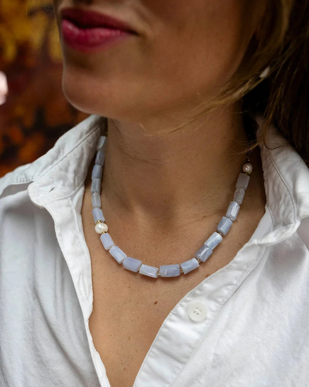 Pearl and Blue Natural Stone Necklace featuring freshwater pearls and natural stone beads