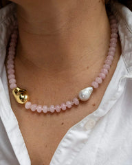 Pearl and Pink Natural Stone Necklace featuring freshwater pearls and natural stone beads