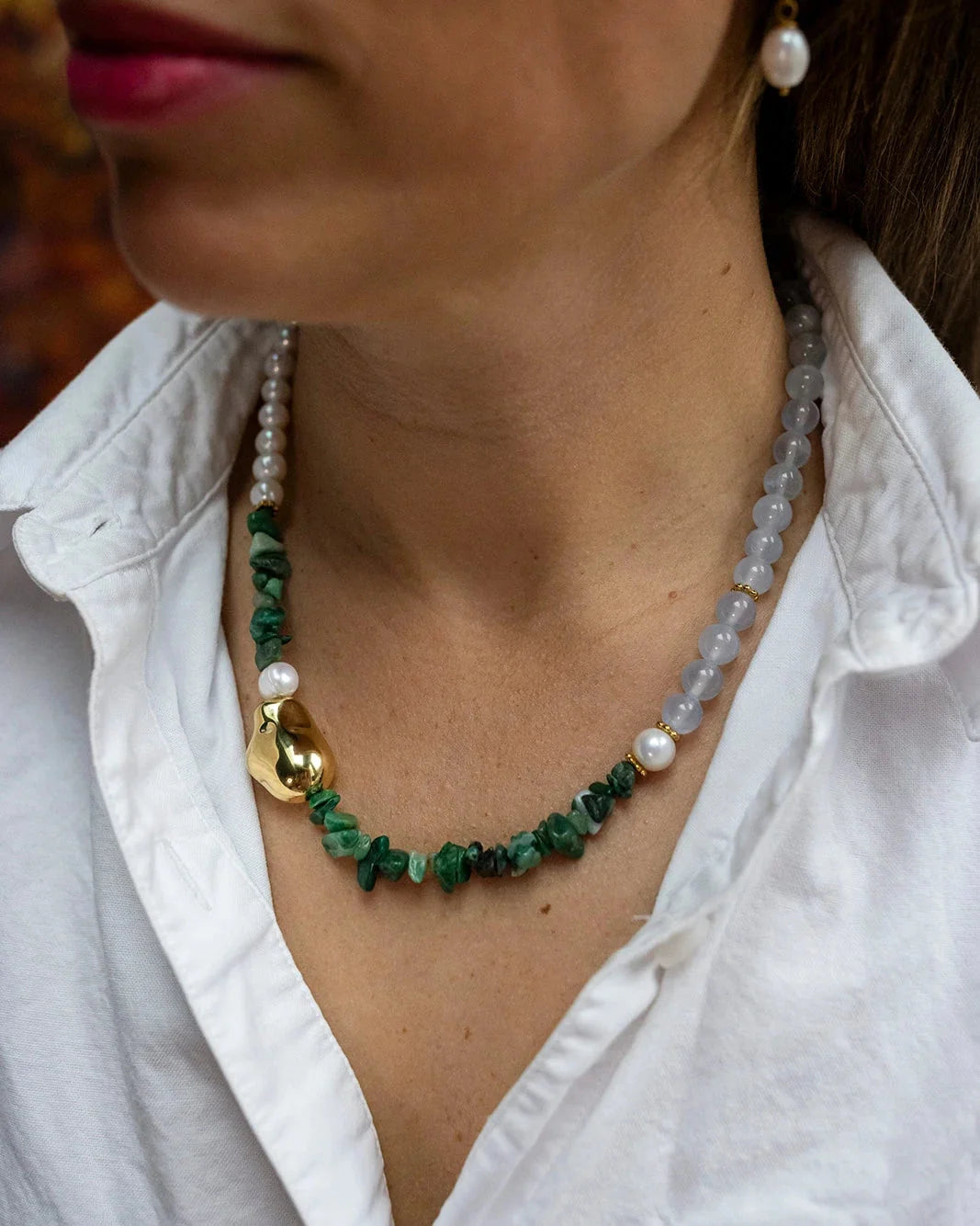 Pearl and Green/Blue Natural Stone Necklace featuring freshwater pearls and natural stone beads