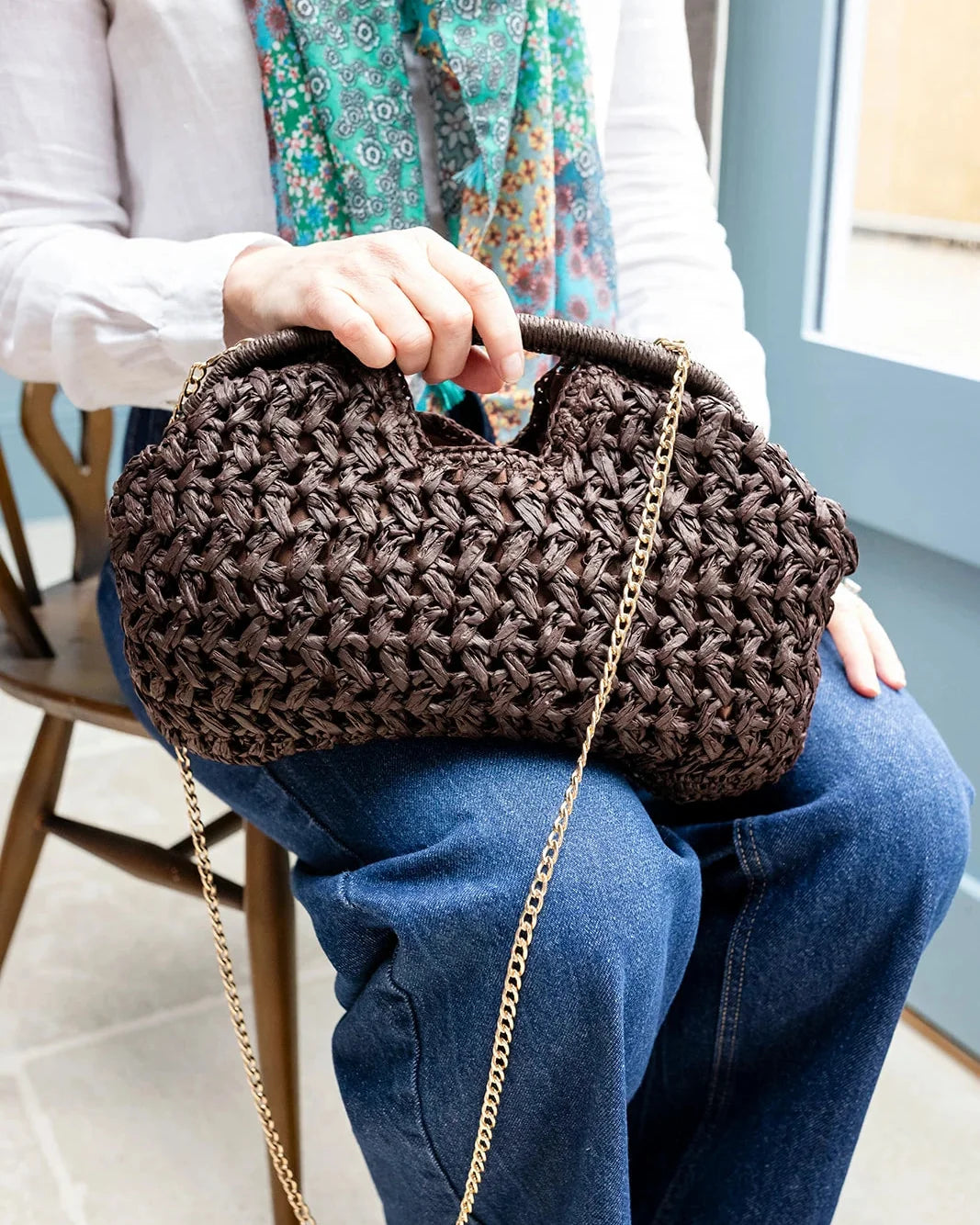 Pippa Raffia Clutch in Chocolate