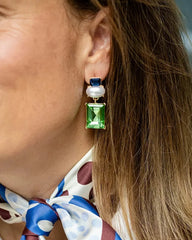 Matilda Geometric Crystal and Faux Pearl Earrings in Navy and Green