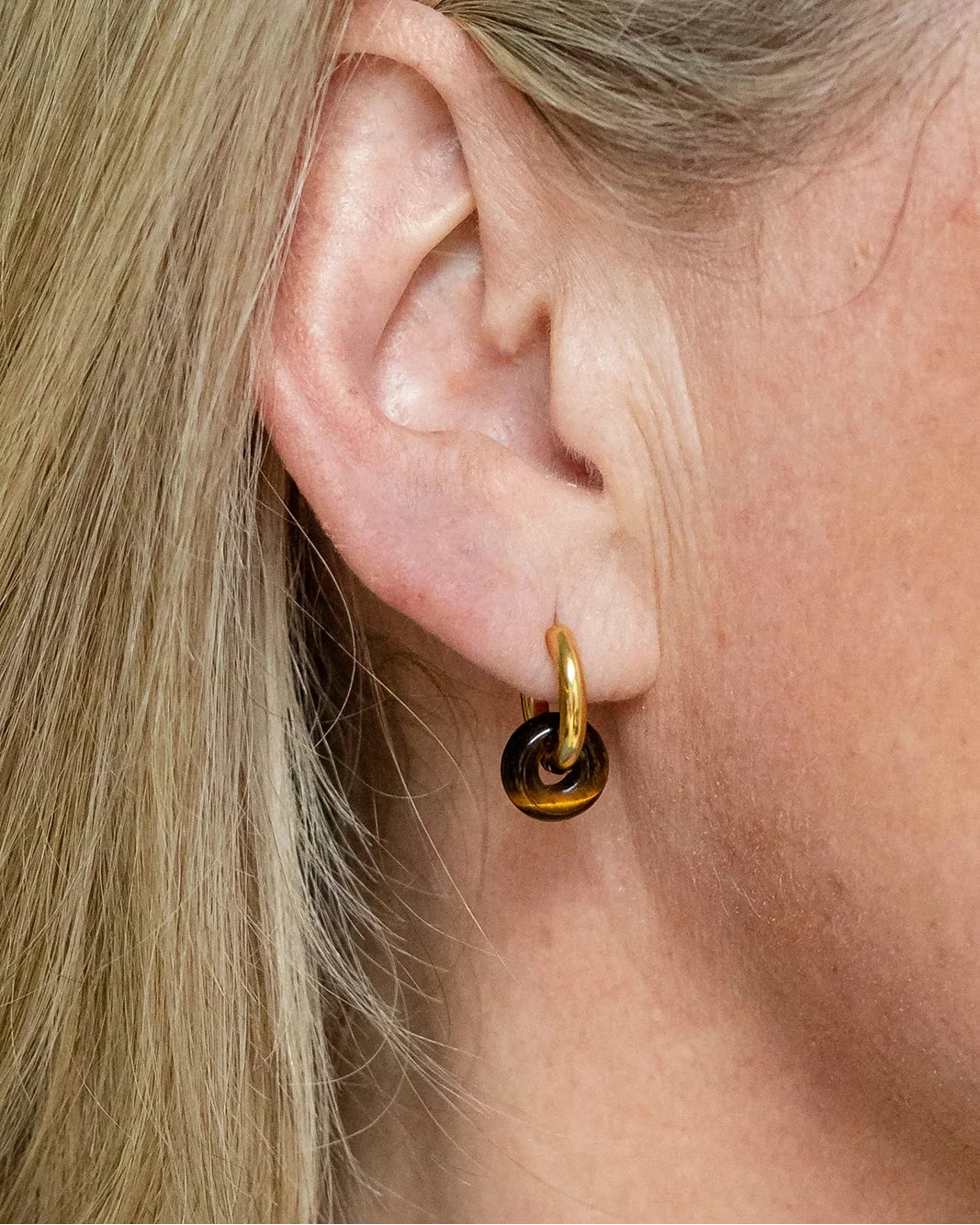 Remi Tigers Eye Stone Circle Hoop Earring - gold hoop earrings with a natural tiger's eye stone circle charm