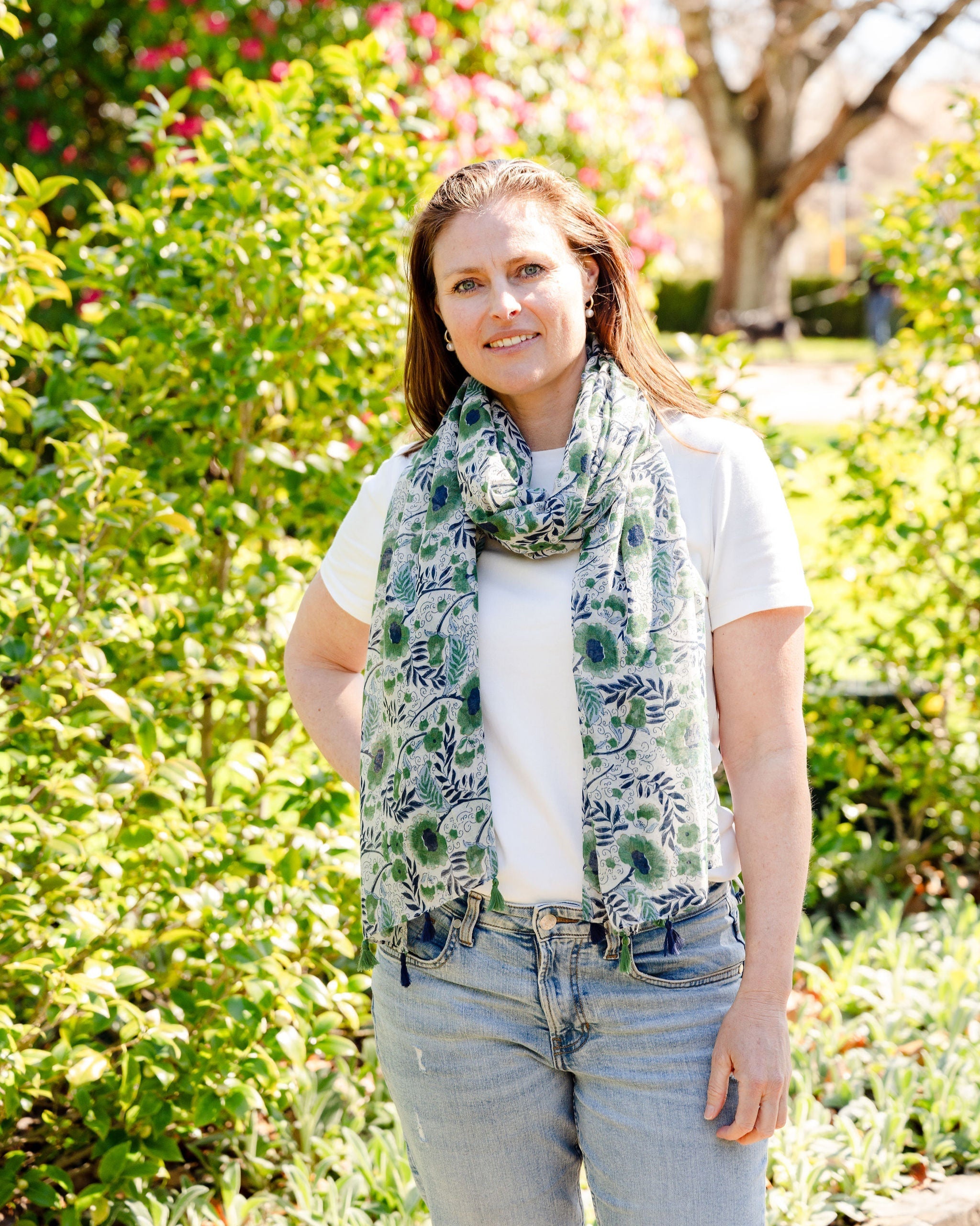 floral scarf, lightweight scarf, summer scarf, scarf with tassels, muted scarf, cottage core scarf