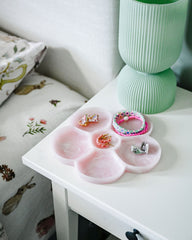 flower shaped tray, flower shaped jewelry tray, pretty jewelry tray, bedside jewelry tray, pink flower tray